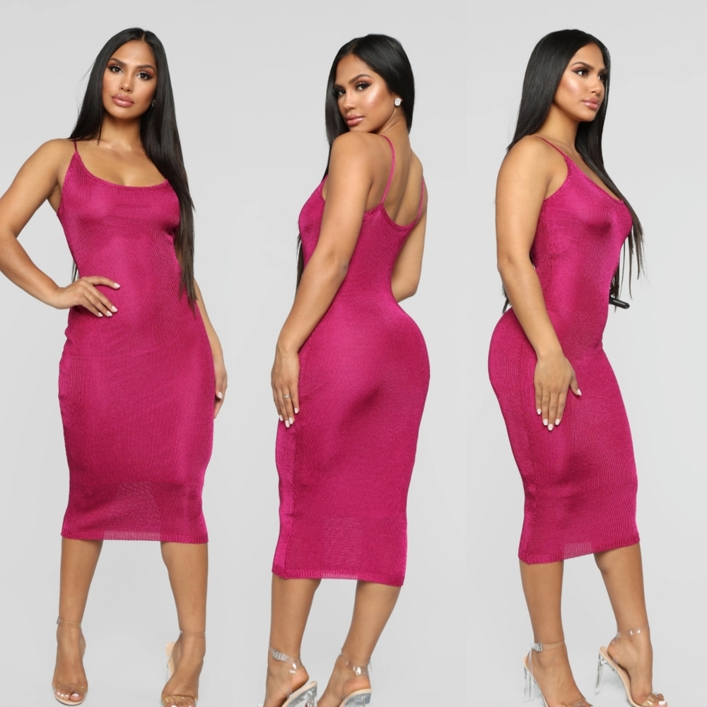 Fashion Nova VIP Invite Fuchsia metallic knit lined midi dress XL